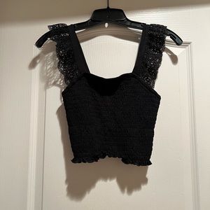 Black, lace sleeve crop